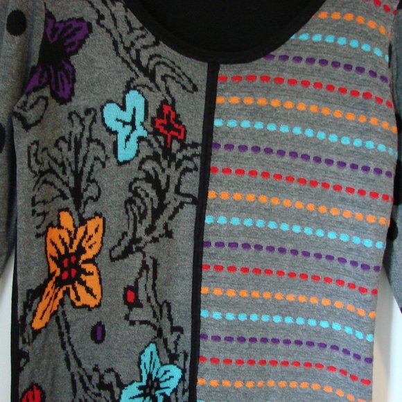 Gabby Isabella Tunic Sweater Colourful Floral Round Neck Gray Black Size Large - Picture 4 of 15